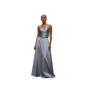 Bill Levkoff Women's Maxi Skirt & Top Two-Piece Set Silver Grey Satin Ball Gown